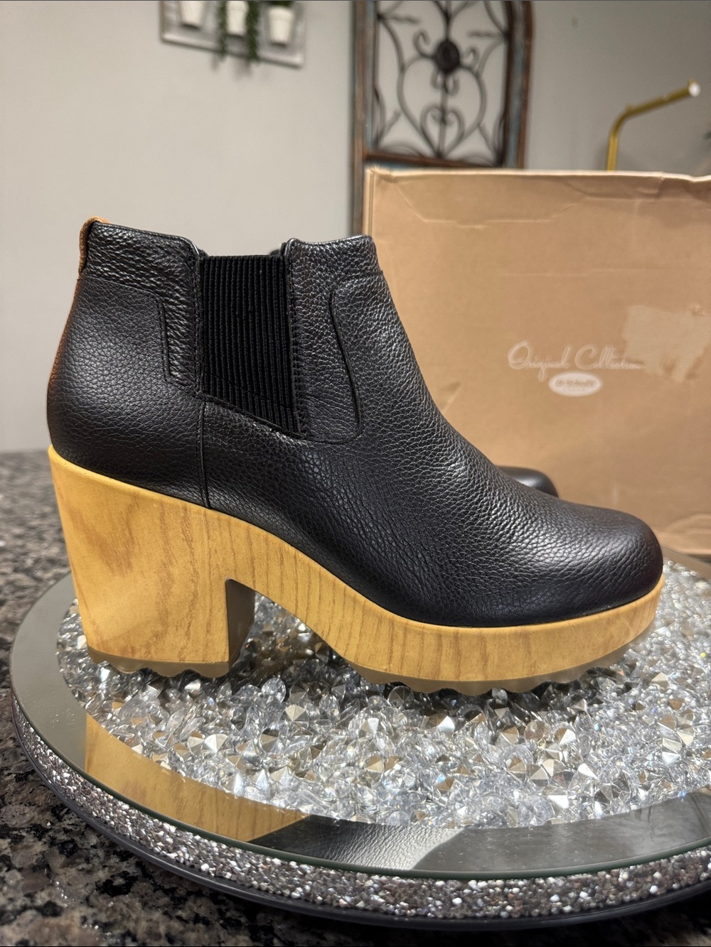 Dr. Scholl's Wild About Black Leather Platform Chelsea Boot Wood-Effect Sole NEW